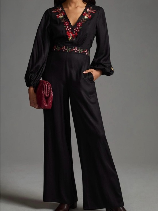 FARM Rio Pants - Farm Rio Embroidered V-Neck Black Jumpsuit with Floral Waist Detail